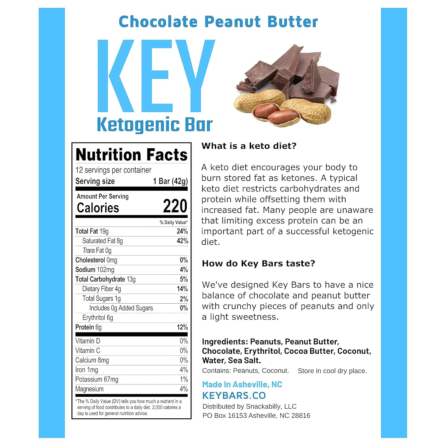 Chocolate Peanut Butter Keto Bars - High Fat, Low Carb Protein Bars for Keto Snacks - 12 Pack KeyBars