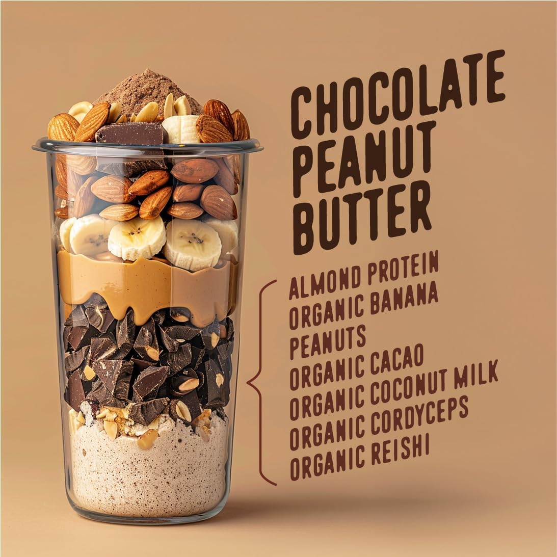 Chocolate Peanut Butter Vegan Protein Powder Smoothie - All-in-One Plant-Based Pre-Workout Shake with 20g Almond Protein for Men & Women - Gluten & Dairy-Free