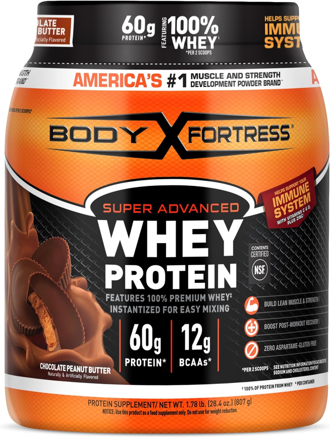 Chocolate Peanut Butter Whey Protein Powder by Body Fortress - 100% Premium Quality, 1.78lbs