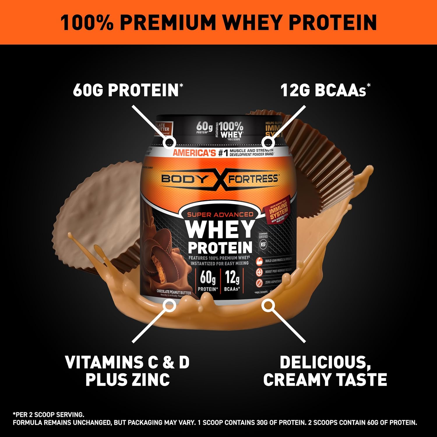 Chocolate Peanut Butter Whey Protein Powder by Body Fortress - 100% Premium Quality, 1.78lbs