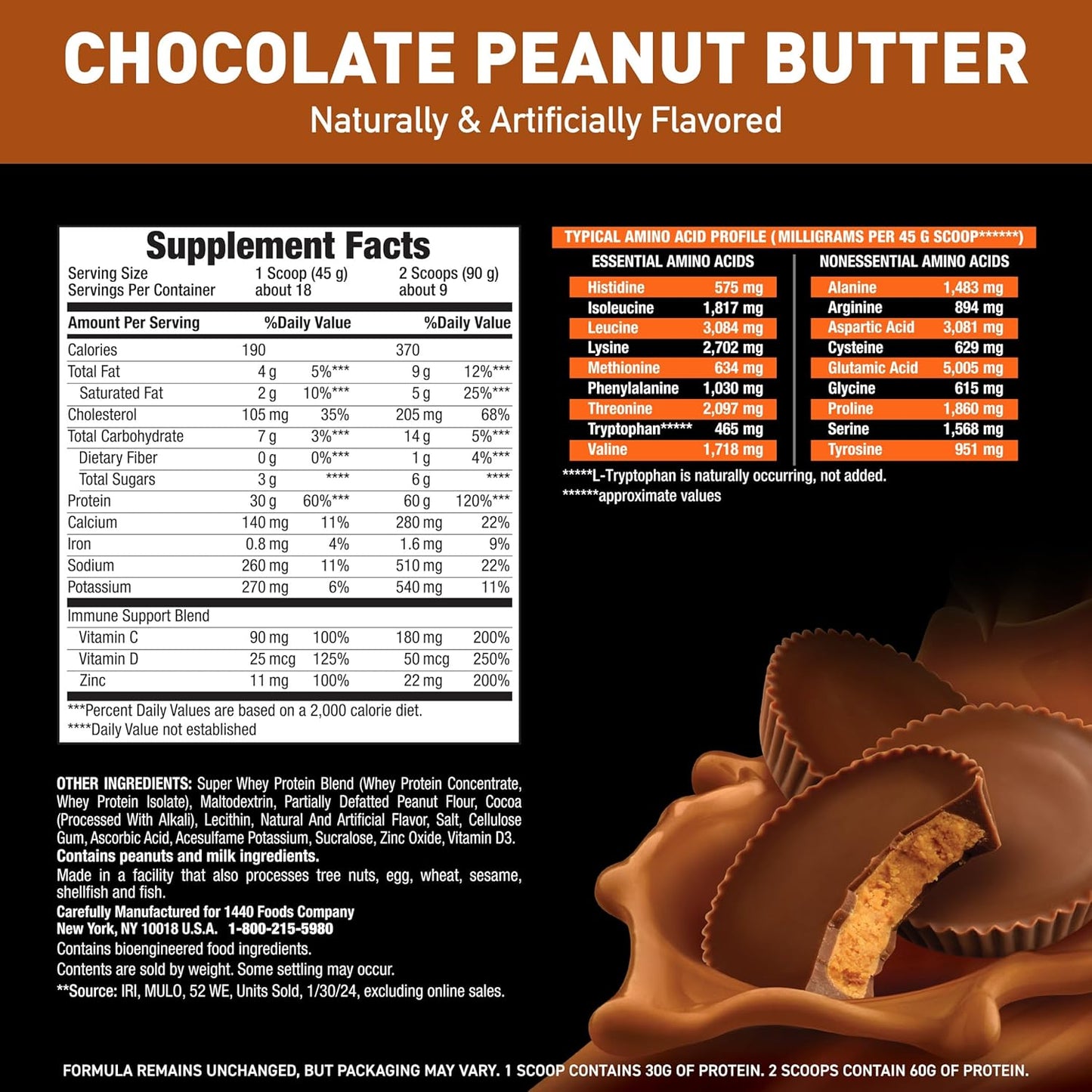 Chocolate Peanut Butter Whey Protein Powder by Body Fortress - 100% Premium Quality, 1.78lbs