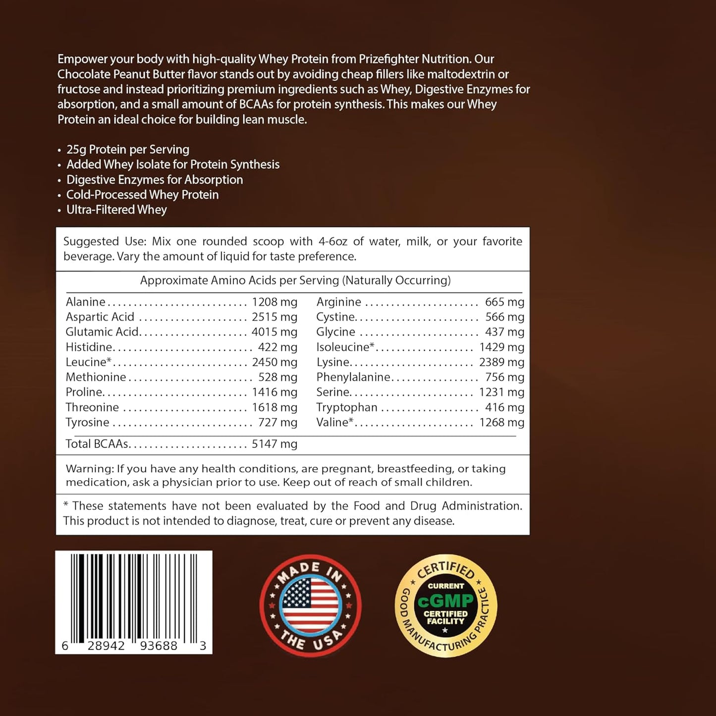 Chocolate Peanut Butter Whey Protein Powder with Digestive Enzymes for Muscle Building - 25g Protein per Serving - Made in USA