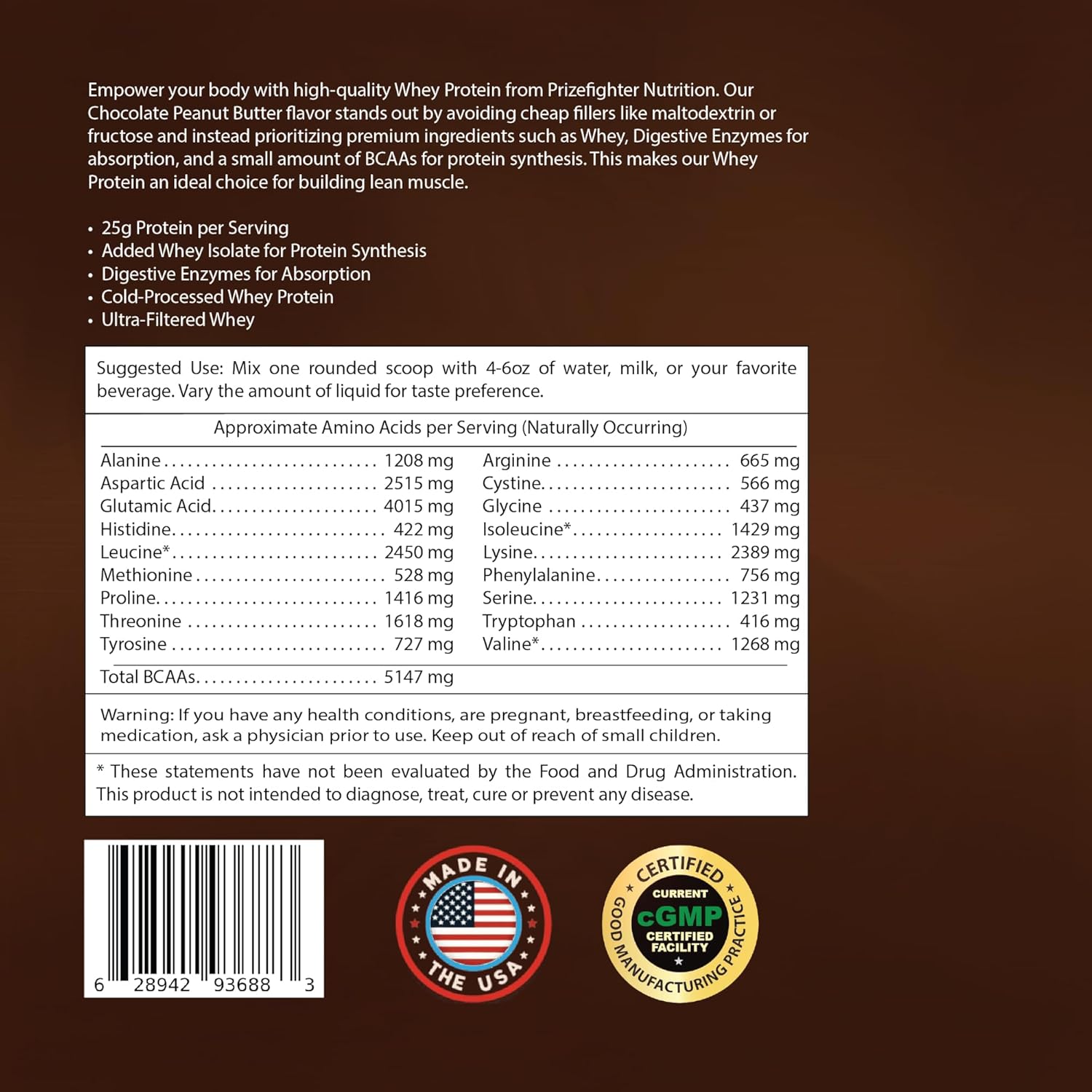 Chocolate Peanut Butter Whey Protein Powder with Digestive Enzymes for Muscle Building - 25g Protein per Serving - Made in USA