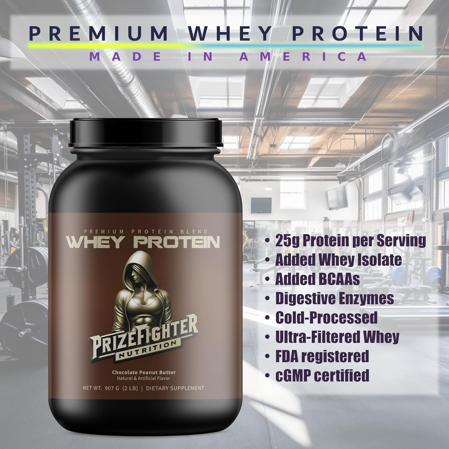 Chocolate Peanut Butter Whey Protein Powder with Digestive Enzymes for Muscle Building - 25g Protein per Serving - Made in USA