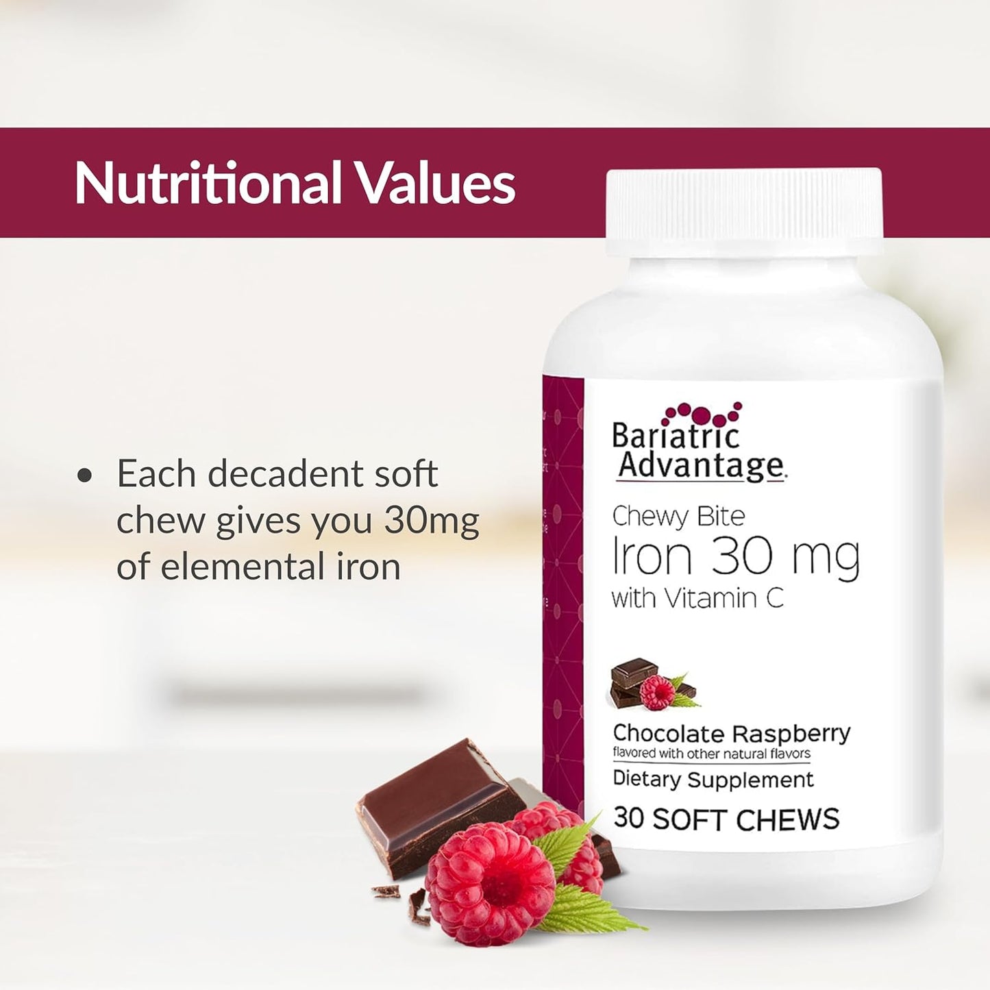 Chocolate Raspberry Truffle Iron Chewy Bites - 30 Count with 30mg Iron and 60mg Vitamin C