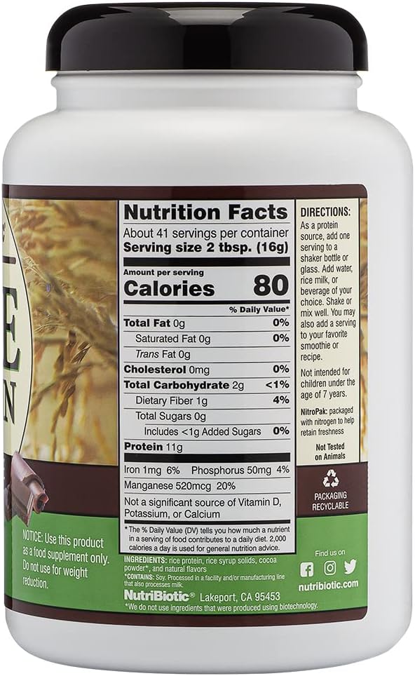 Chocolate Rice Protein Powder, 1 lb. 6.9 oz | Low Carb, Vegetarian & Keto-Friendly | Chemical-Free & Gluten-Free Plant-Based Protein | Easy-to-Digest & Nutrient-Dense
