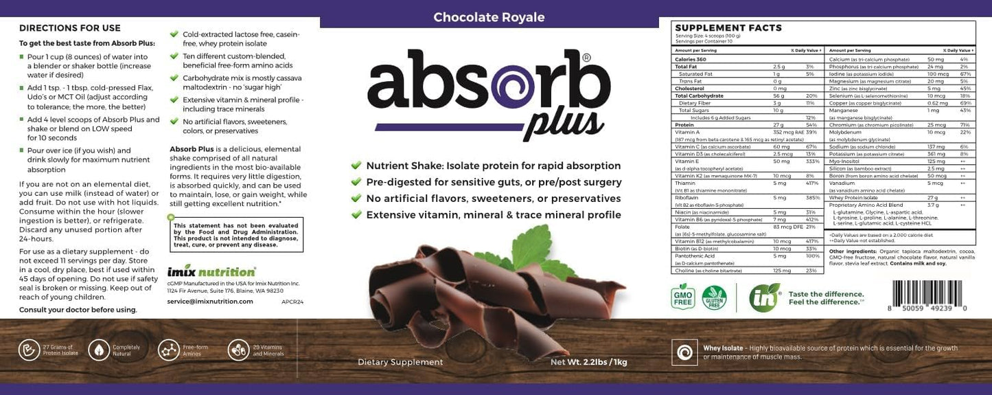 Chocolate Royale Absorb Plus Isolate Protein - Non-GMO, Gluten-Free, Lactose-Free Diet Supplement for Gut Health & Nutritional Support (2.2 Lbs)