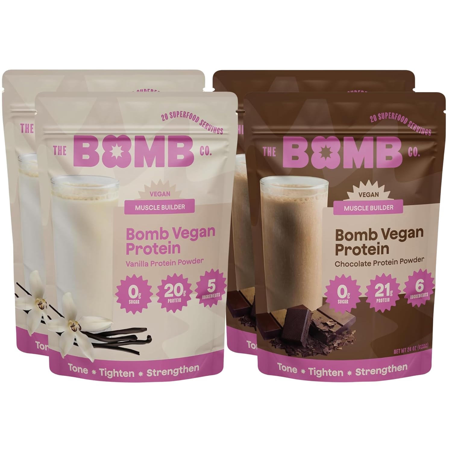 Chocolate & Vanilla Plant Protein Powder with 21g Protein, Amino Acids, Zero Sugar - Blender Bombs Bomb Co. - 60 Servings