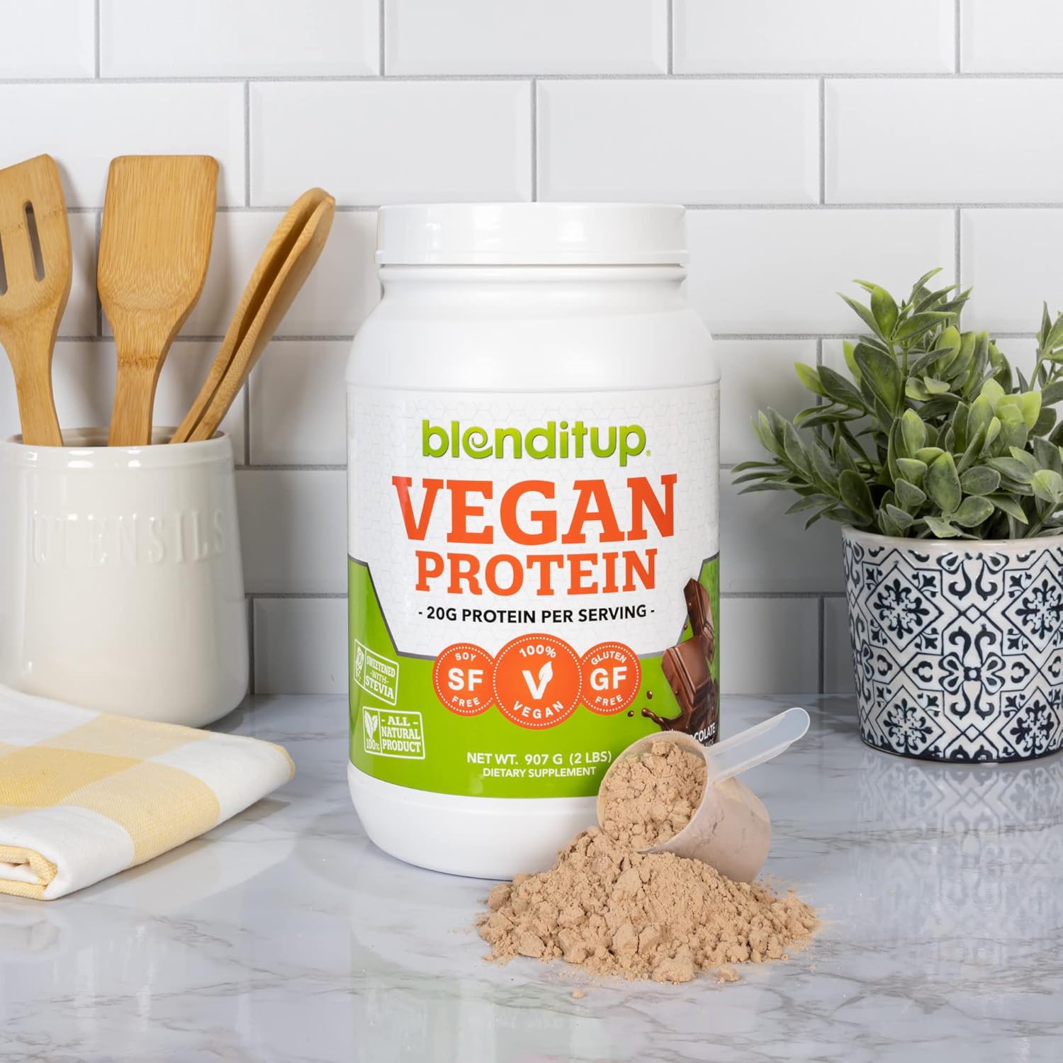 Chocolate Vegan Plant Protein Powder | Non GMO & Gluten Free | 20g Protein, 28 Servings | Low Carb BlendItUp