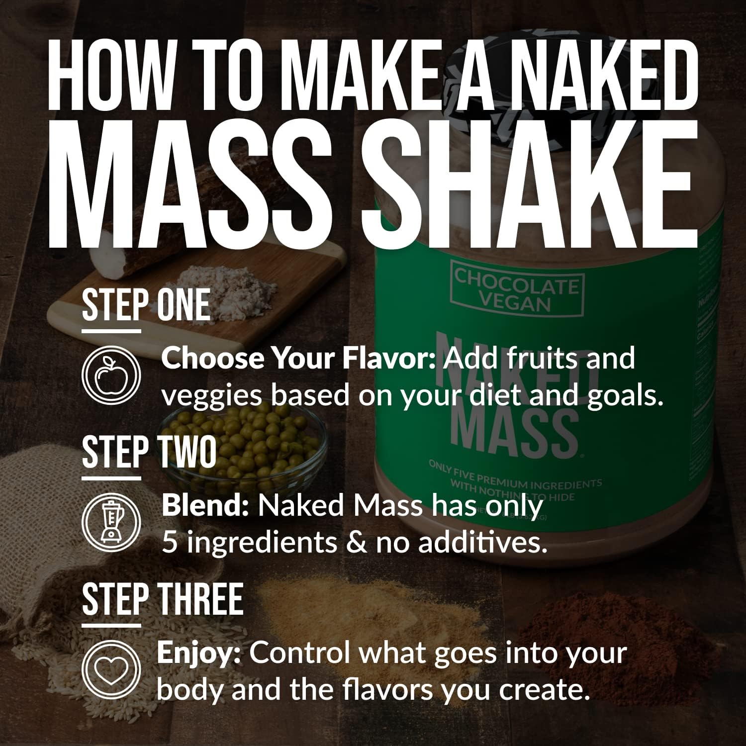 Chocolate Vegan Weight Gainer - Naked Nutrition Naked Mass - 8Lb Bulk, Non-GMO, Gluten-Free, Soy-Free, Dairy-Free - 1,280 Calories, No Artificial Ingredients