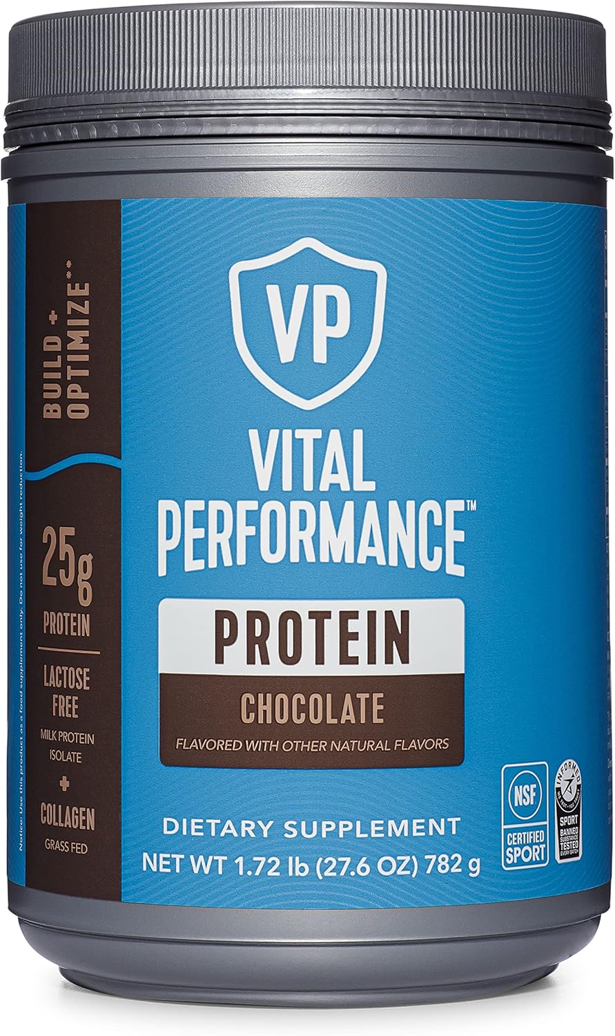 Chocolate Vital Proteins Performance Powder with 25g of NSF Certified Lactose-Free Milk Protein Isolate, 10g of Grass-Fed Collagen Peptides, 8g of EAAs, and 5g of BCAAs - Gluten-Free, 1.72lb