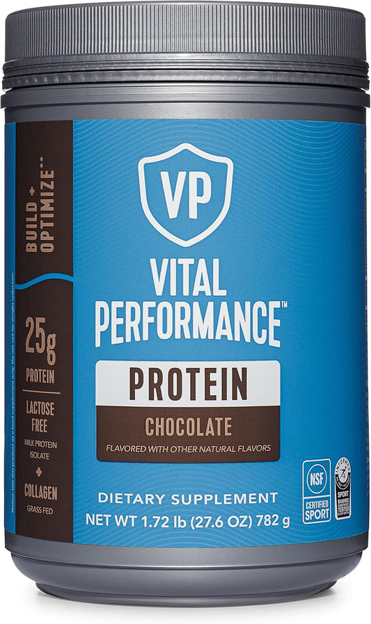 Chocolate Vital Proteins Performance Powder with 25g of NSF Certified Lactose-Free Milk Protein Isolate, 10g of Grass-Fed Collagen Peptides, 8g of EAAs, and 5g of BCAAs - Gluten-Free, 1.72lb