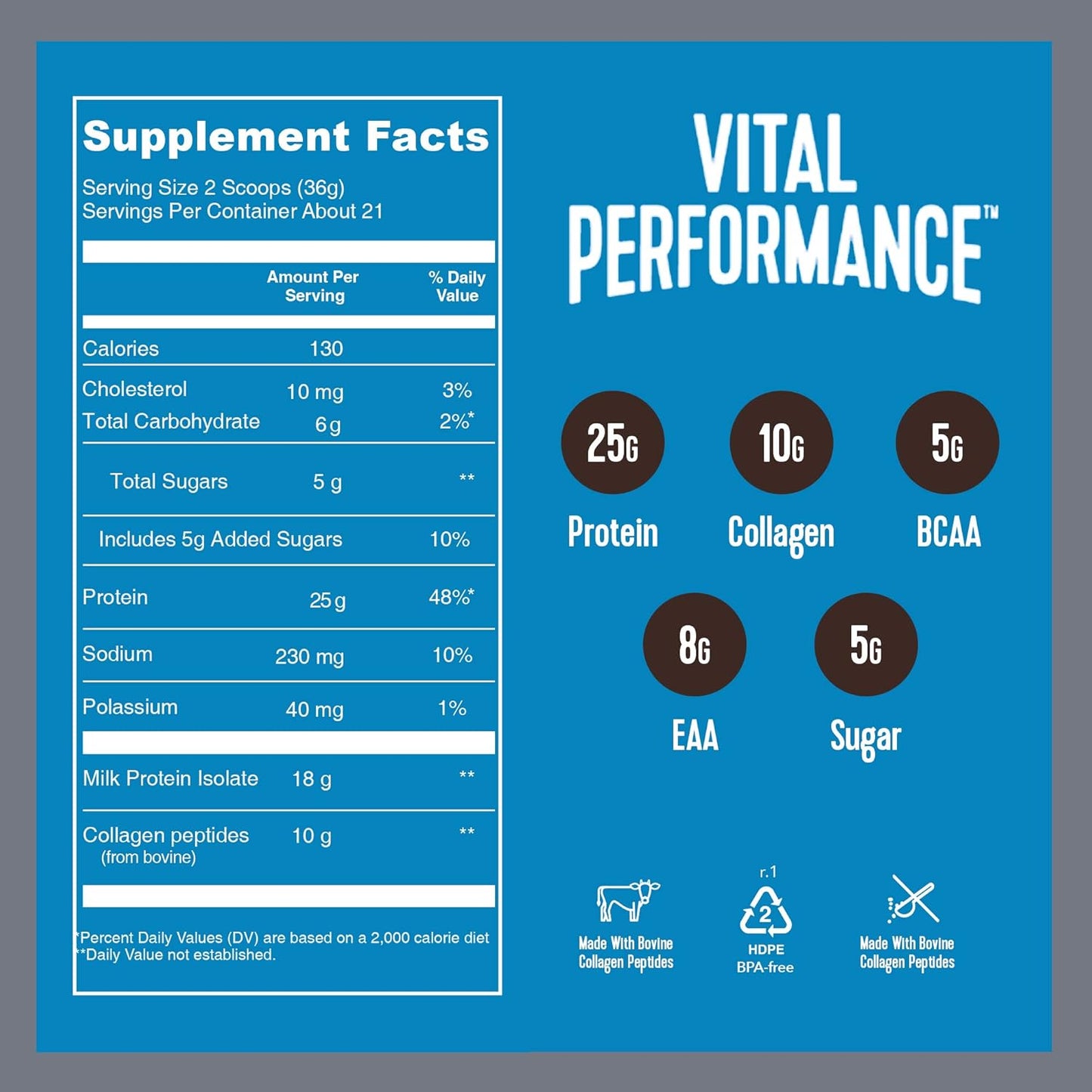 Chocolate Vital Proteins Performance Powder with 25g of NSF Certified Lactose-Free Milk Protein Isolate, 10g of Grass-Fed Collagen Peptides, 8g of EAAs, and 5g of BCAAs - Gluten-Free, 1.72lb