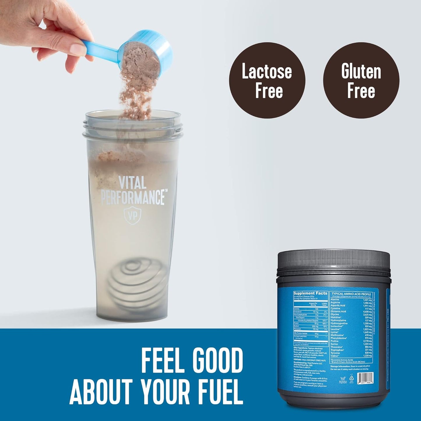 Chocolate Vital Proteins Performance Powder with 25g of NSF Certified Lactose-Free Milk Protein Isolate, 10g of Grass-Fed Collagen Peptides, 8g of EAAs, and 5g of BCAAs - Gluten-Free, 1.72lb