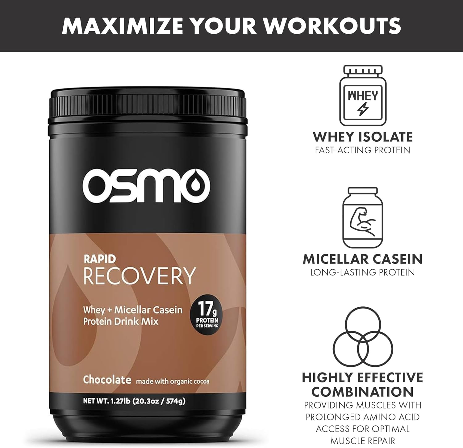 Chocolate Whey & Micellar Casein Protein Powder Blend with Carbohydrates & Caffeine for Rapid Recovery - Natural Ingredients, Muscle Repair & Glycogen Restoration - 14 Servings