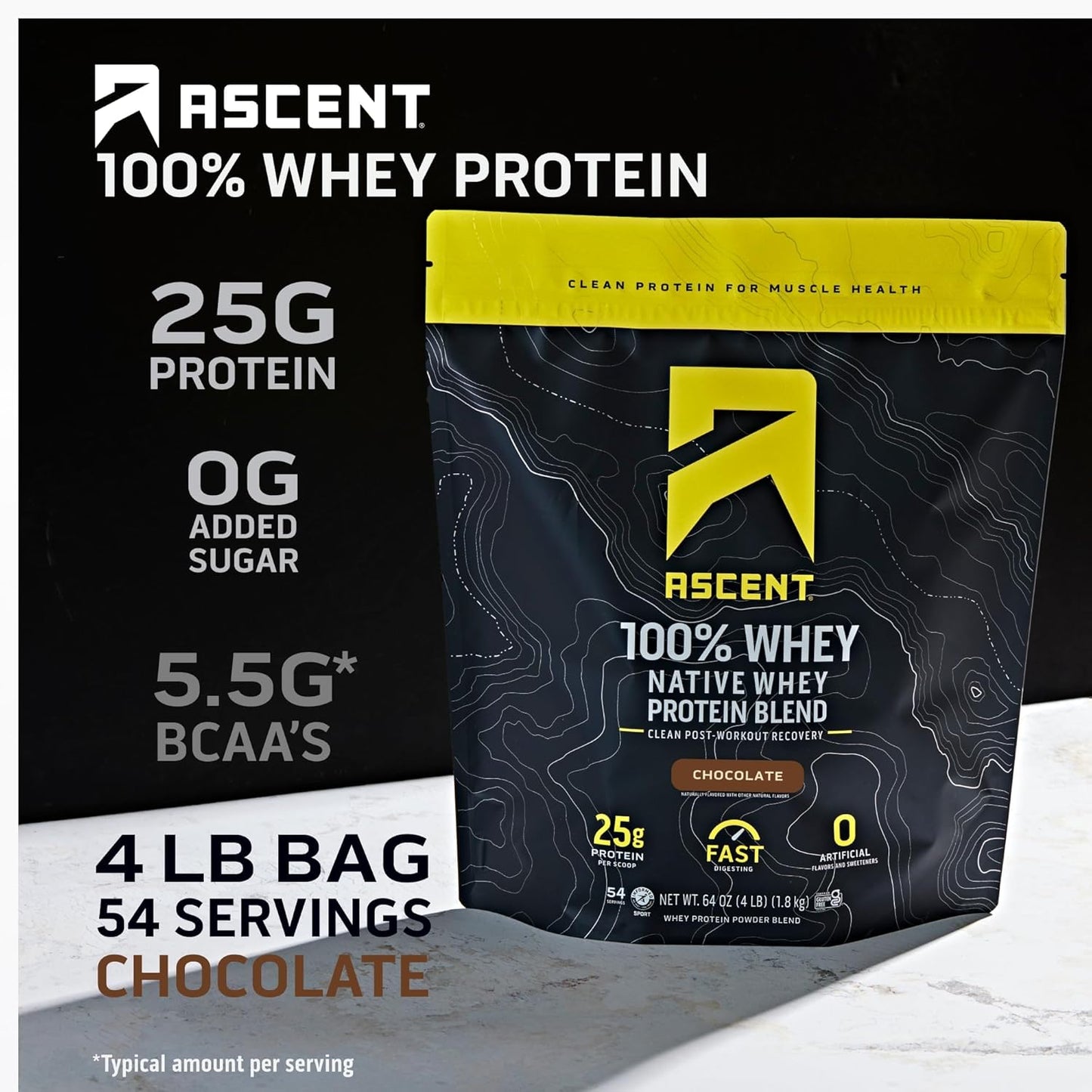 Chocolate Whey Protein Isolate Powder - Ascent 100% Whey, Post-Workout Supplement, 5.5g BCAA, 2.6g Leucine, Essential Amino Acids, Gluten-Free, Soy-Free, No Artificial Flavors, 4 lb