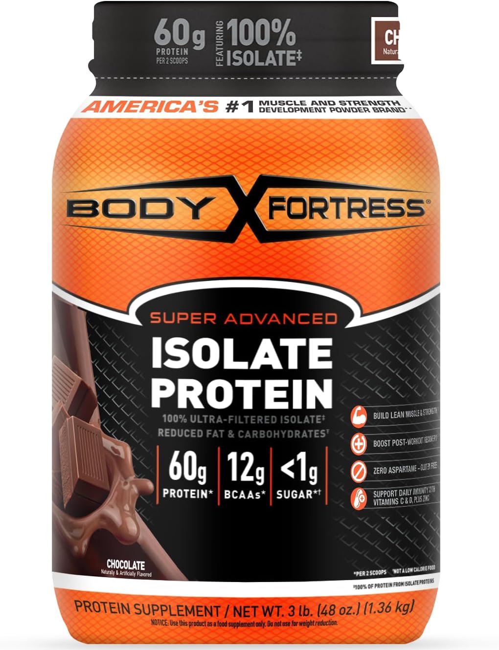 Chocolate Whey Protein Isolate Powder for Meal Replacement Shakes - Body Fortress Super Advanced, 3 lbs, Low Carb, Gluten Free