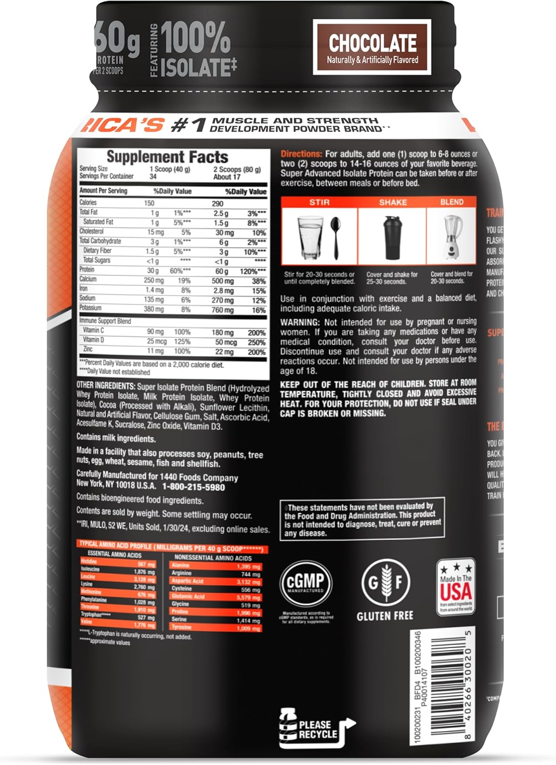 Chocolate Whey Protein Isolate Powder for Meal Replacement Shakes - Body Fortress Super Advanced, 3 lbs, Low Carb, Gluten Free