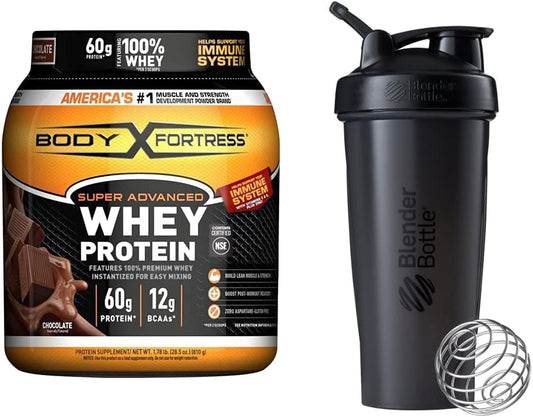 Chocolate Whey Protein Powder & Shaker Bottle Combo Pack - Body Fortress Super Advanced (1.78 lbs) & BlenderBottle Classic (28 oz)