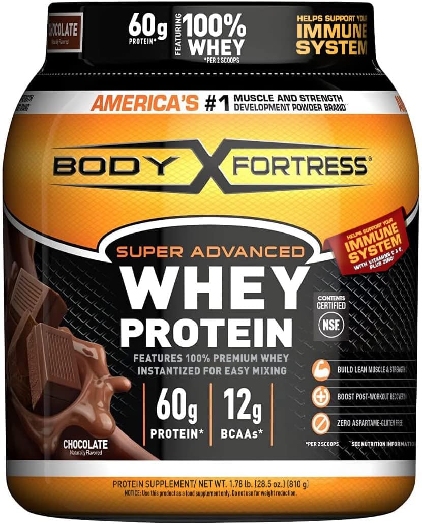 Chocolate Whey Protein Powder & Shaker Bottle Combo Pack - Body Fortress Super Advanced (1.78 lbs) & BlenderBottle Classic (28 oz)