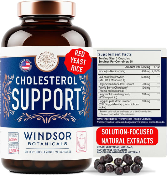 Cholesterol Support Supplement - Citrus Bergamot, Niacin, Red Yeast Rice, Berberine, Aronia Berry - 90 Vegan Capsules