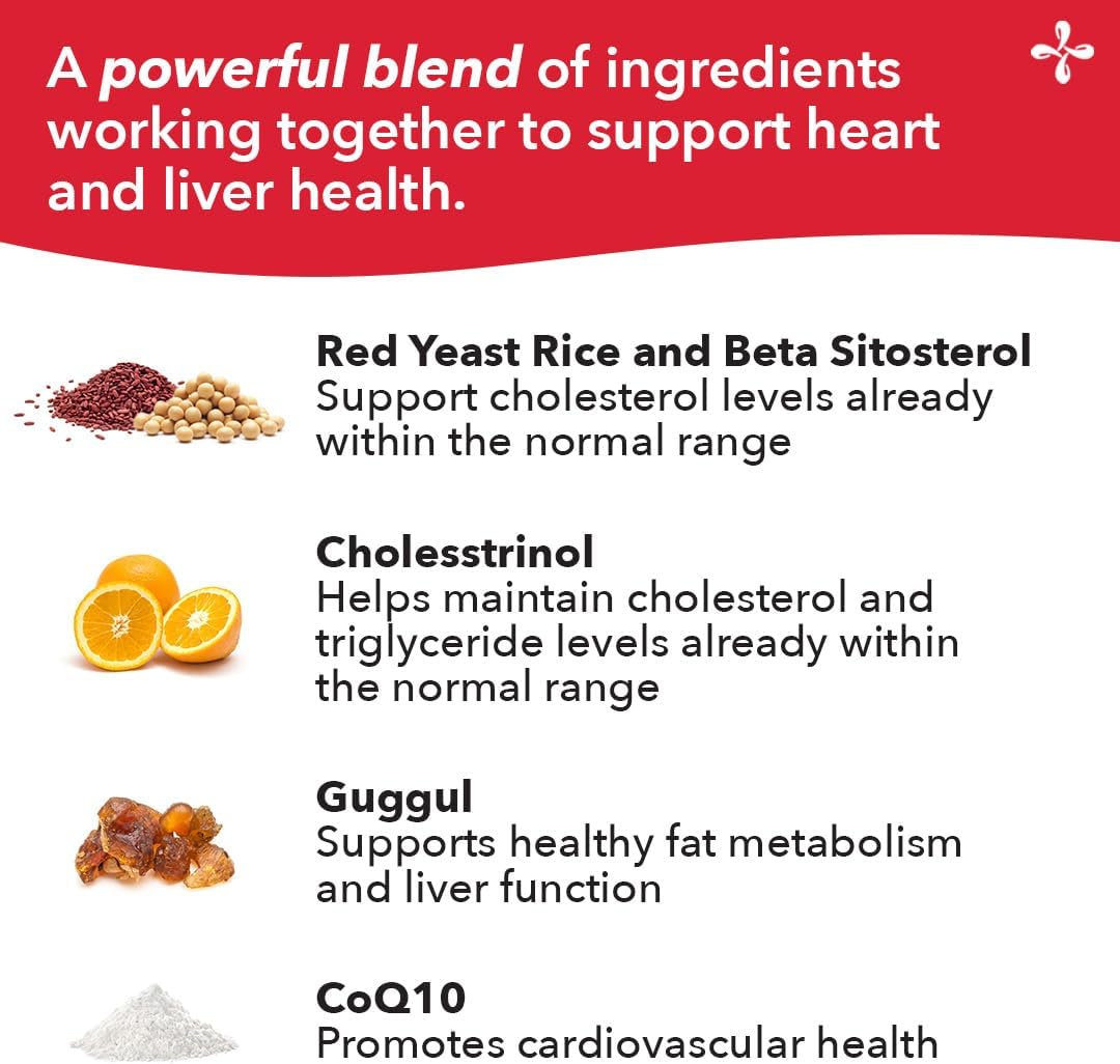 Cholesterol Support Supplement with Red Yeast Rice, CoQ10, Guggul & Phytosterols - 180 Capsules for Healthy Heart & Liver Function