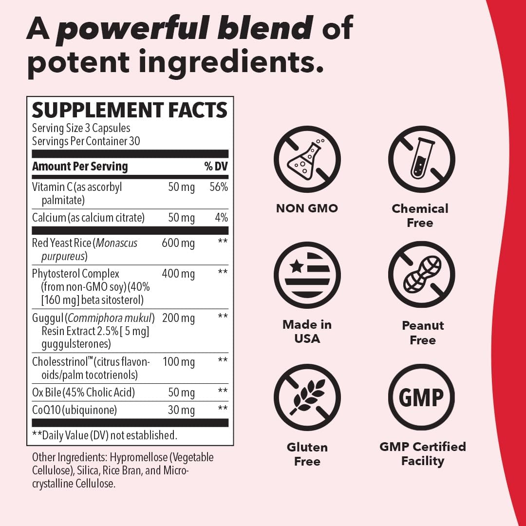 Cholesterol Support Supplement with Red Yeast Rice, CoQ10, Guggul & Phytosterols - 180 Capsules for Healthy Heart & Liver Function