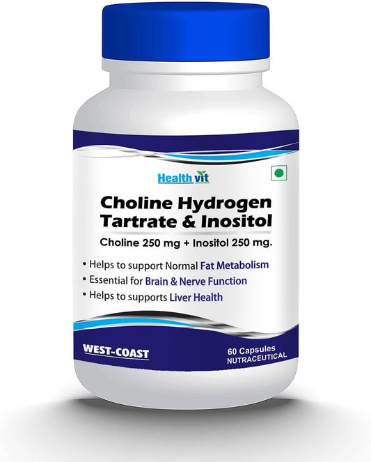 Choline Hydrogen Tartrate & Inositol Capsules 250mg | Energy, Liver & Brain Support | Non-GMO, Vegan, Gluten Free | 60ct