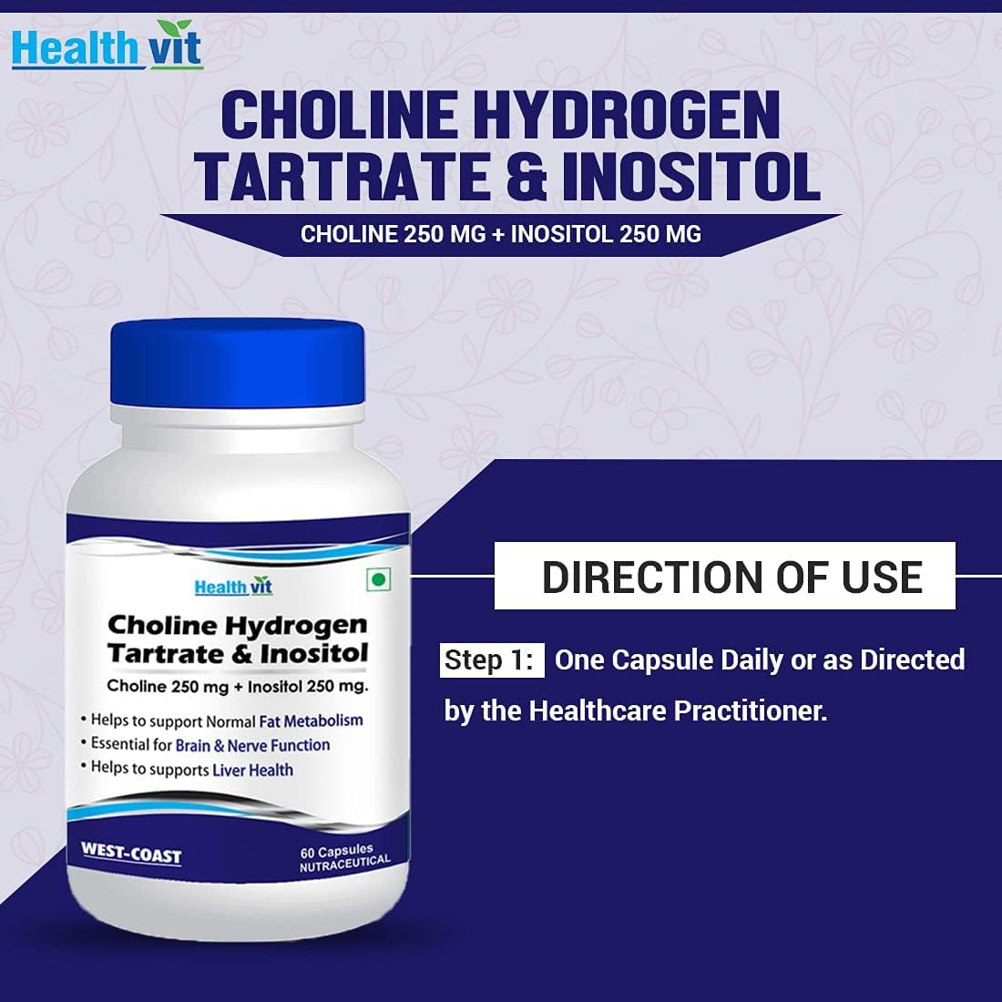 Choline Hydrogen Tartrate & Inositol Capsules 250mg | Energy, Liver & Brain Support | Non-GMO, Vegan, Gluten Free | 60ct