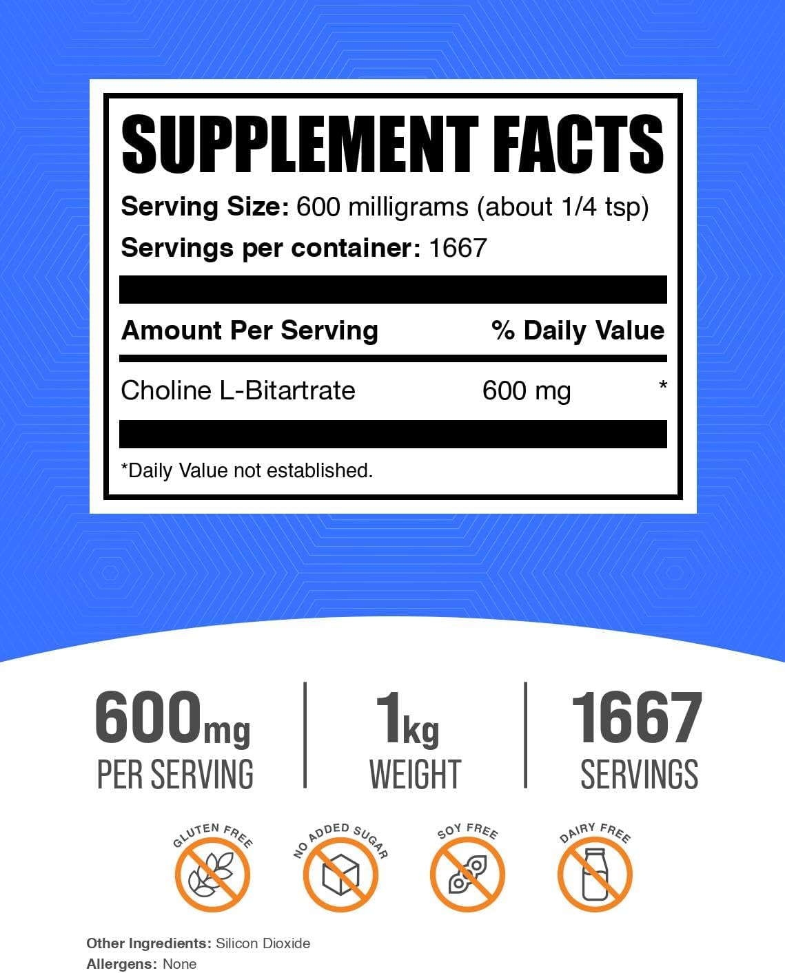 Choline L-Bitartrate Powder - 600mg Choline Supplement, Gluten Free - 1kg (2.2 lbs) Pack of 1
