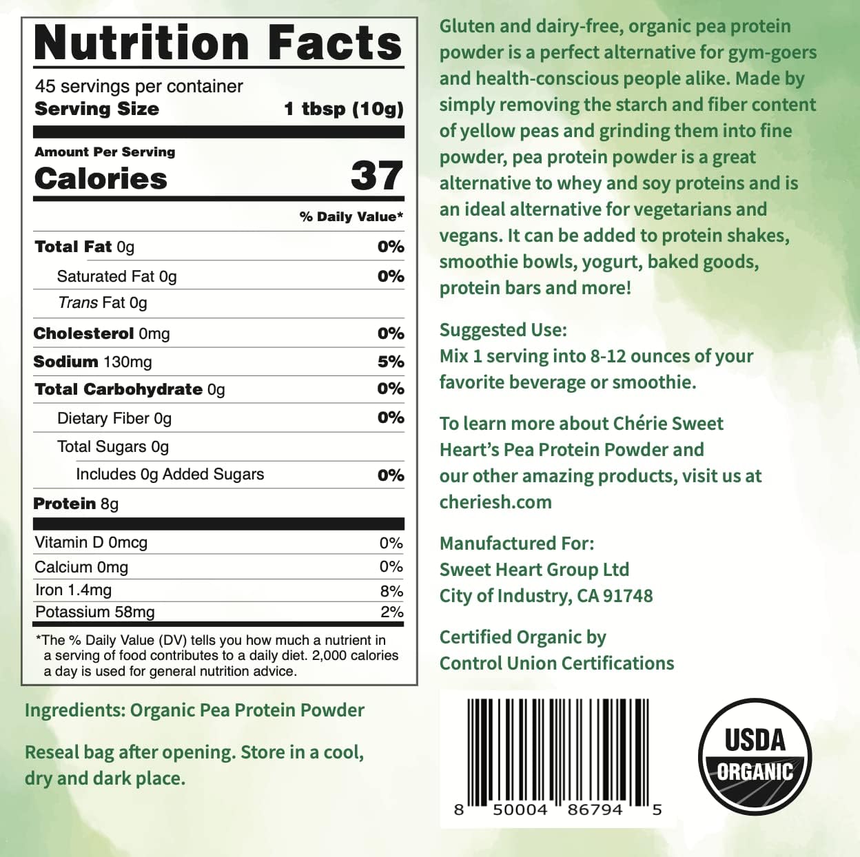 Chérie Sweet Heart Organic Pea Protein Powder - 1 lb, Non-GMO, Dairy-Free, Keto, Gluten, Soy, Plant-Based Protein