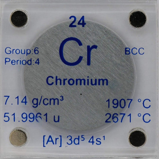 Chromium (Cr) Metal Disc 24.26mm in Acrylic Case - Ideal for Collecting or Experiments