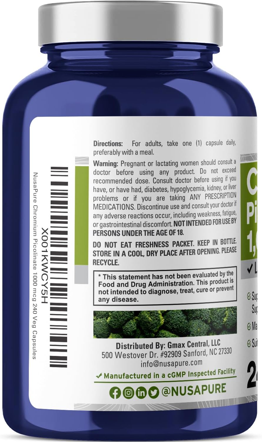 Chromium Picolinate 1000mcg - 240 Veg Capsules, Non-GMO & Gluten Free by NusaPure