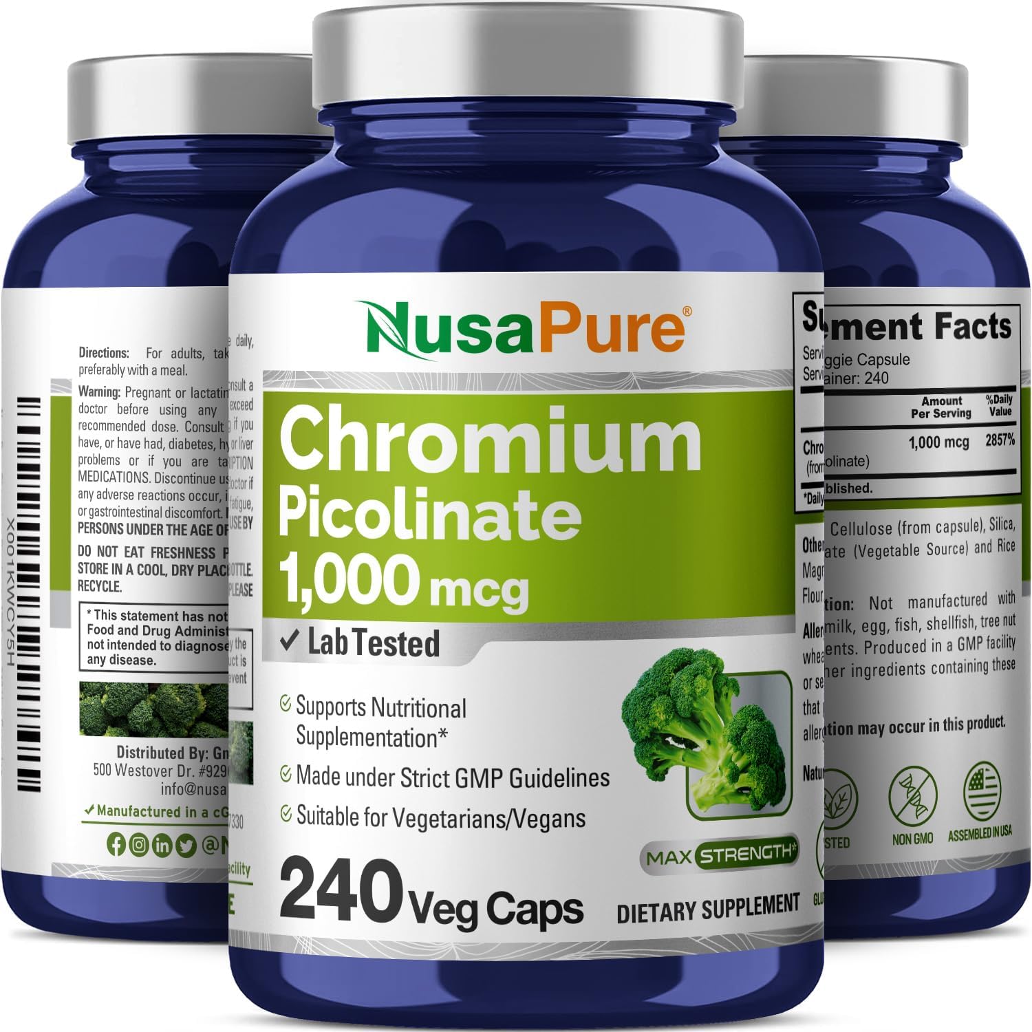 Chromium Picolinate 1000mcg - 240 Veg Capsules, Non-GMO & Gluten Free by NusaPure