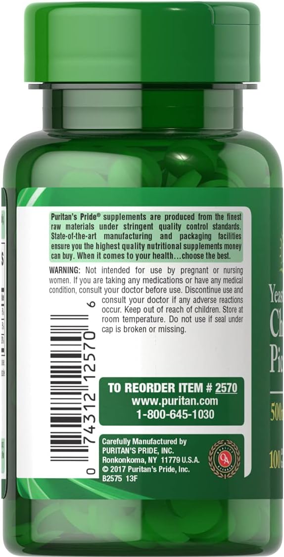 Chromium Picolinate 500mcg Yeast Free Supplement - Pack of 2 (200 Capsules) by Puritan's Pride