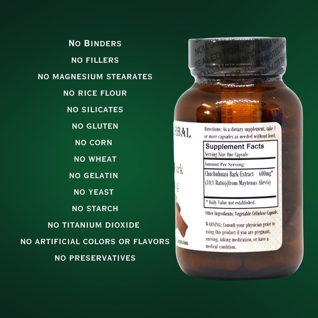 Chuchuhuasi Bark Extract Capsules - 10:1 Extract, 600mg Per Capsule - Stamina and Vitality Support - 60 Vegan, Kosher, Halal - Glass Bottled
