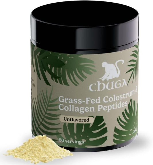 Chuga Grass Fed Colostrum & Collagen Peptides with Shilajit for Hair, Nails, Skin, and Gut Health - 60 Servings