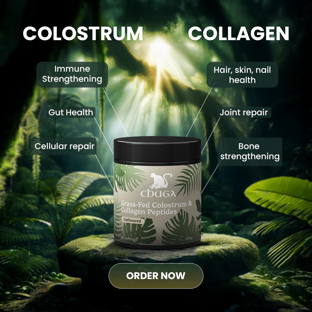 Chuga Grass Fed Colostrum & Collagen Peptides with Shilajit for Hair, Nails, Skin, and Gut Health - 60 Servings