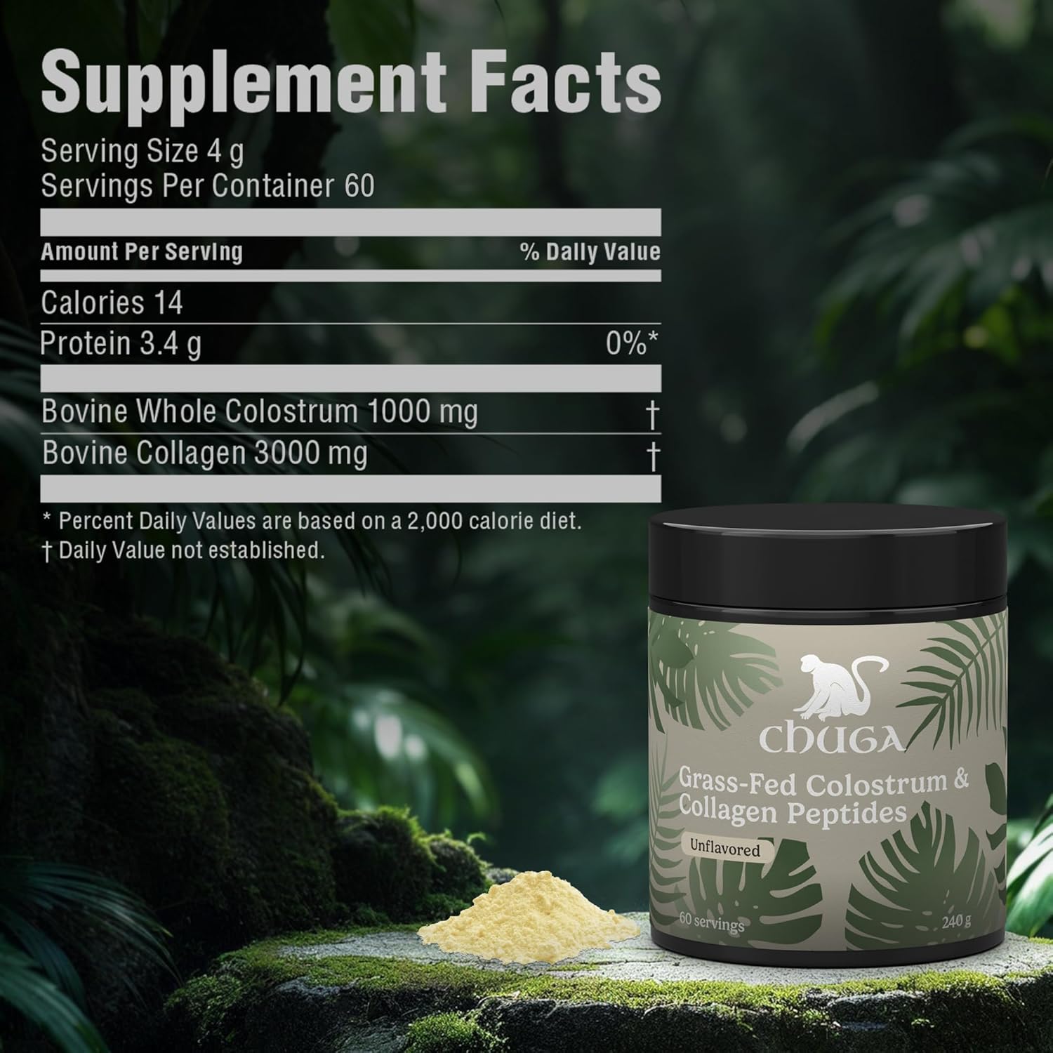 Chuga Grass Fed Colostrum & Collagen Peptides with Shilajit for Hair, Nails, Skin, and Gut Health - 60 Servings