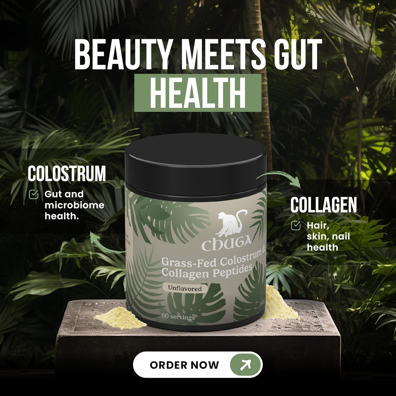 Chuga Grass Fed Colostrum & Collagen Peptides with Shilajit for Hair, Nails, Skin, and Gut Health - 60 Servings