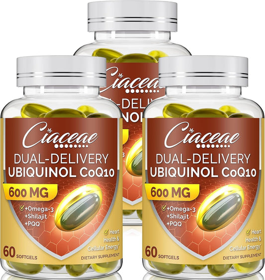 Ciaceae Ubiquinol CoQ10 Softgels - 600 MG with Omega-3, Shilajit, PQQ - Advanced Dual-Delivery Coenzyme-Q10 - Active CoQ10 Ubiquinol Supplement - Fertility, Antioxidant, Heart, Brain, Energy - 180 Servings