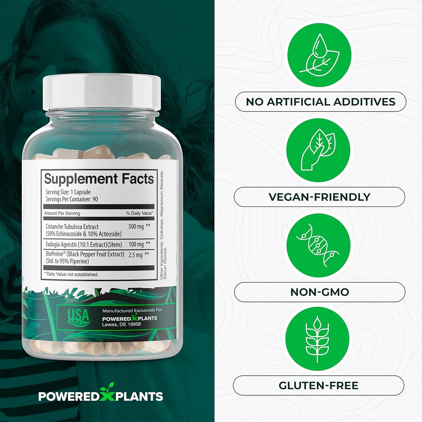 Cistanche Tubulosa & Fadogia Agrestis Blend with Bioperine - Boosts Vitality - Natural Supplements for Men & Women by Powered X Plants, 90 Servings