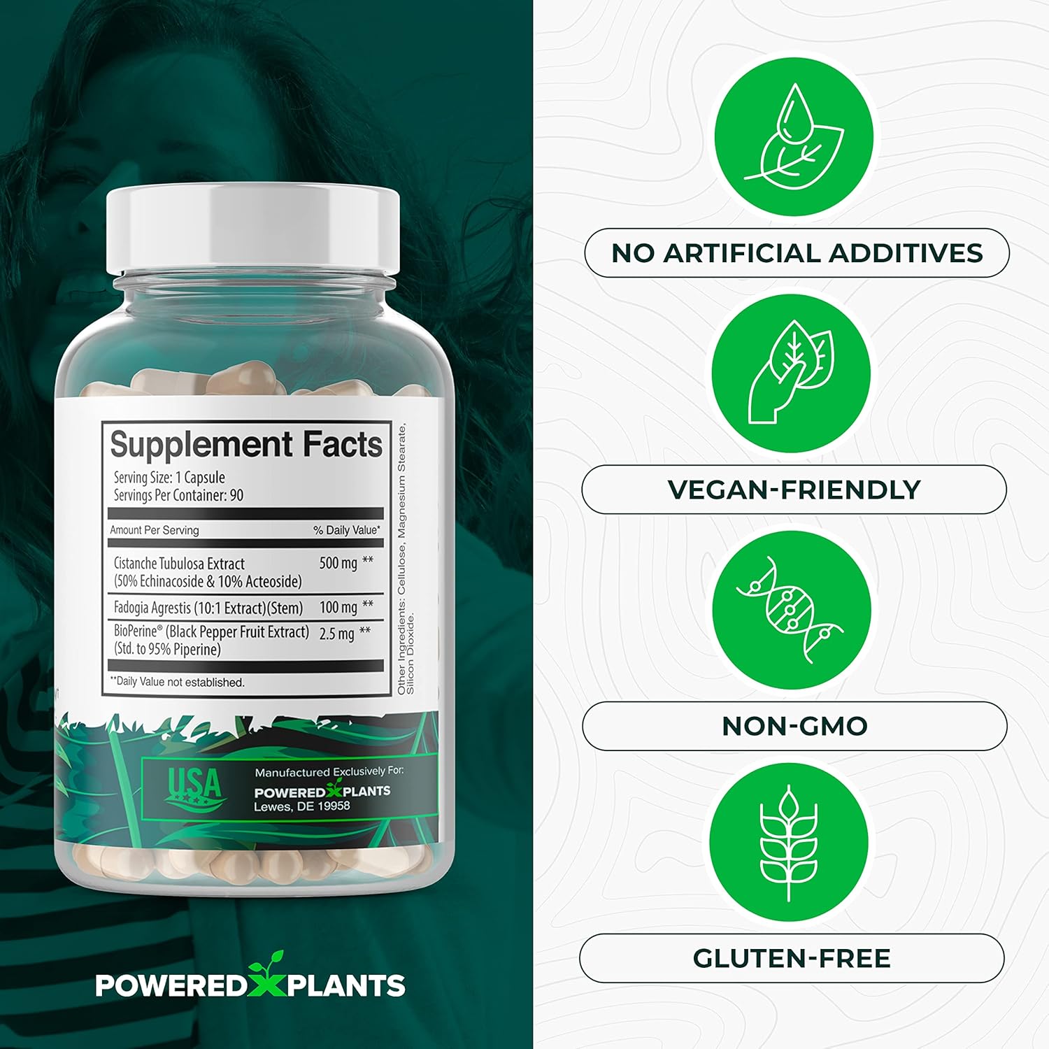 Cistanche Tubulosa & Fadogia Agrestis Blend with Bioperine - Boosts Vitality - Natural Supplements for Men & Women by Powered X Plants, 90 Servings