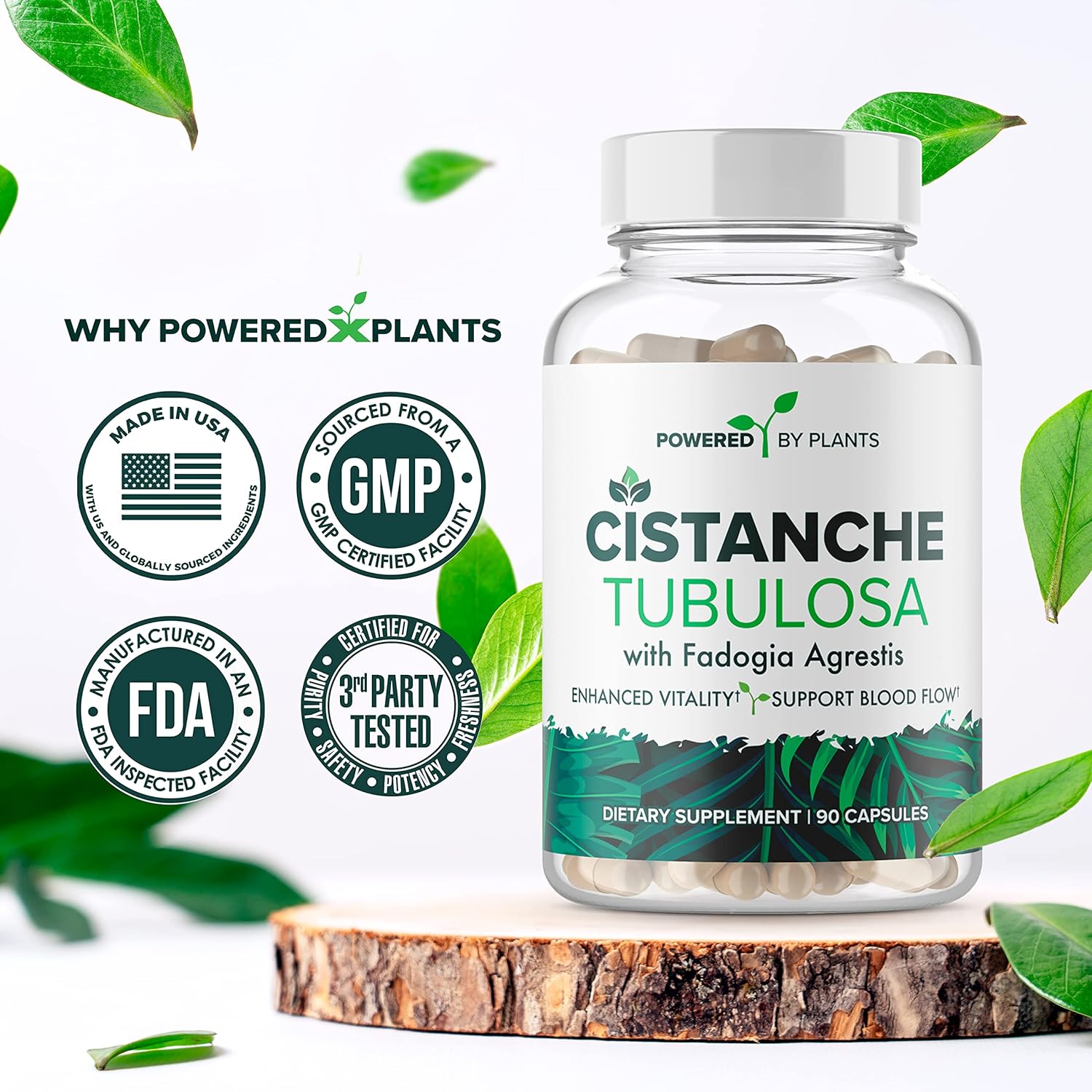 Cistanche Tubulosa & Fadogia Agrestis Blend with Bioperine - Boosts Vitality - Natural Supplements for Men & Women by Powered X Plants, 90 Servings