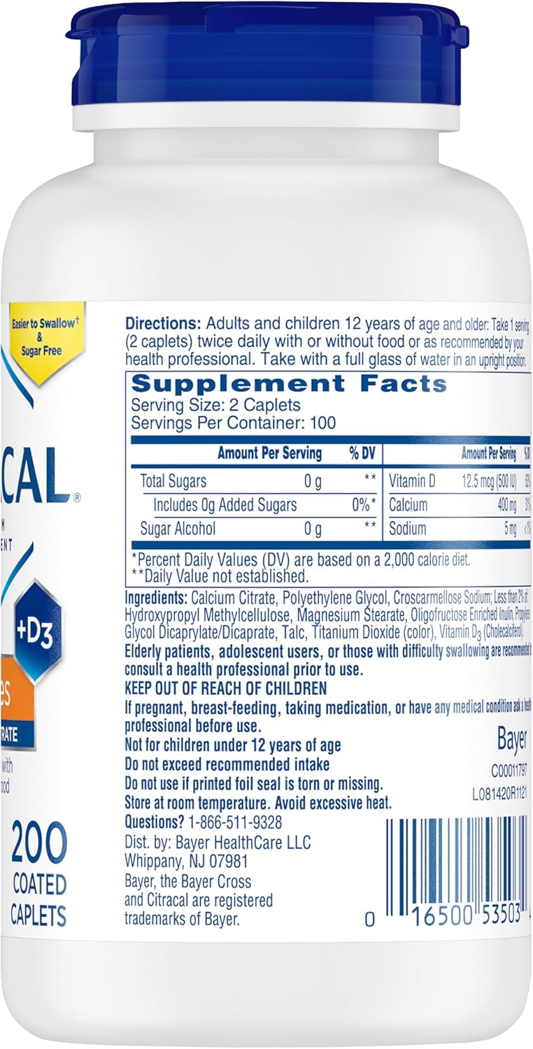 Citracal Petites 400mg Calcium Citrate Caplets with Vitamin D3 for Bone Health - 200 Count