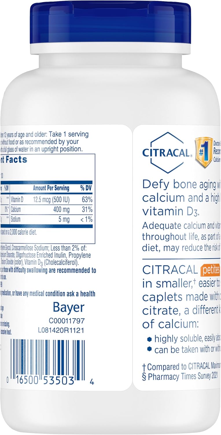 Citracal Petites 400mg Calcium Citrate Caplets with Vitamin D3 for Bone Health - 200 Count