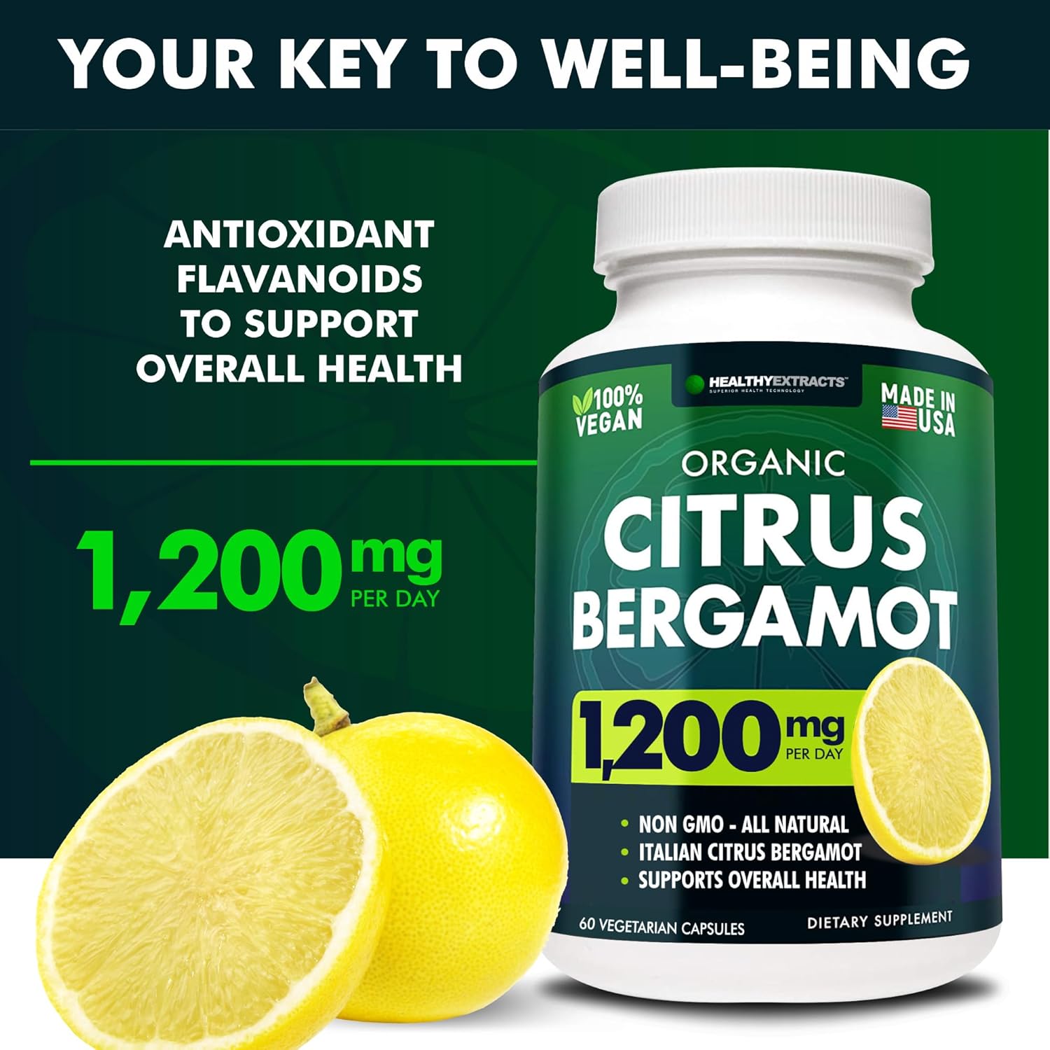 Citrus Bergamot Supplement 1200mg - High Polyphenols, 1 Month Supply, Made in USA