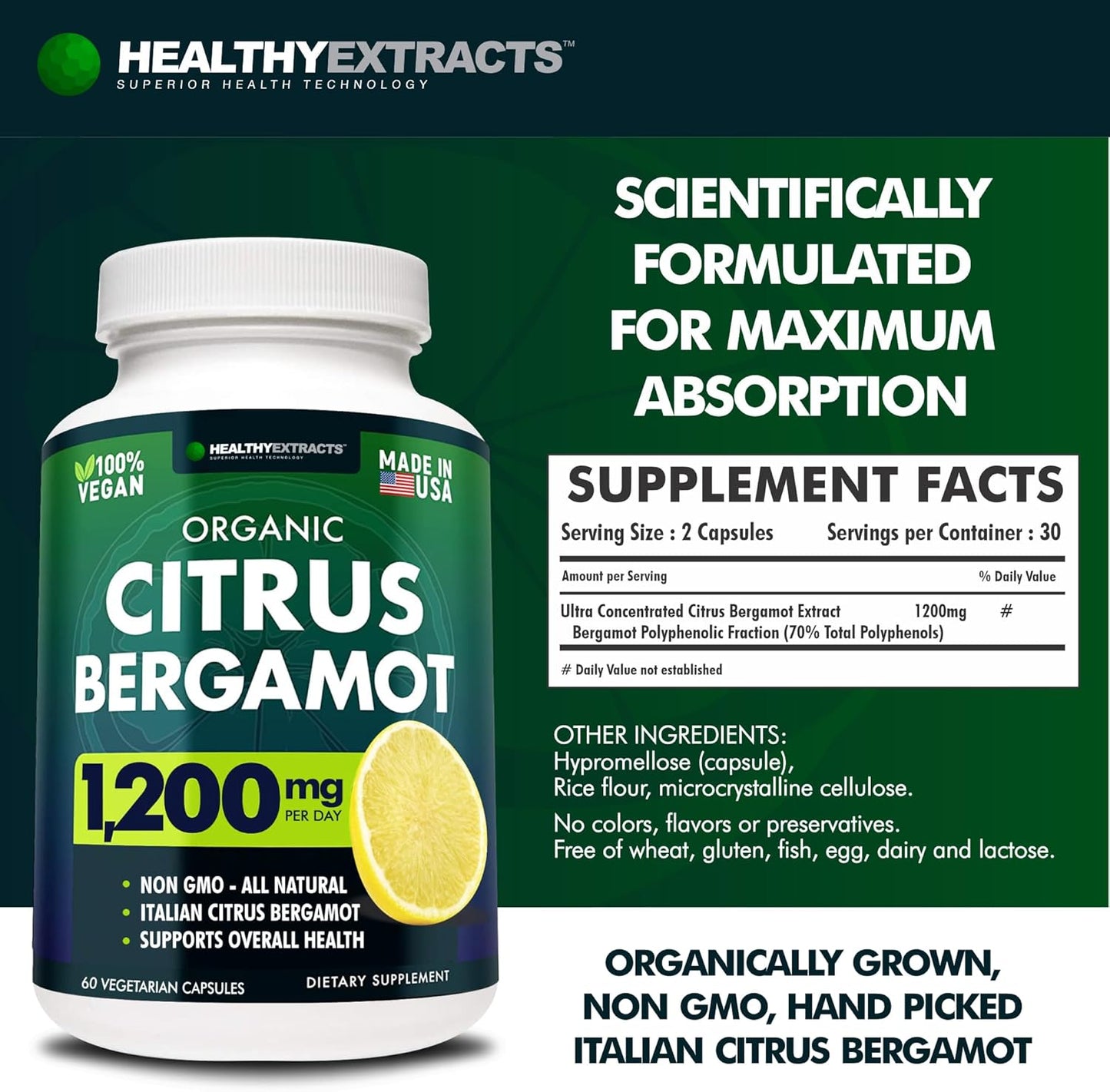 Citrus Bergamot Supplement 1200mg - High Polyphenols, 1 Month Supply, Made in USA