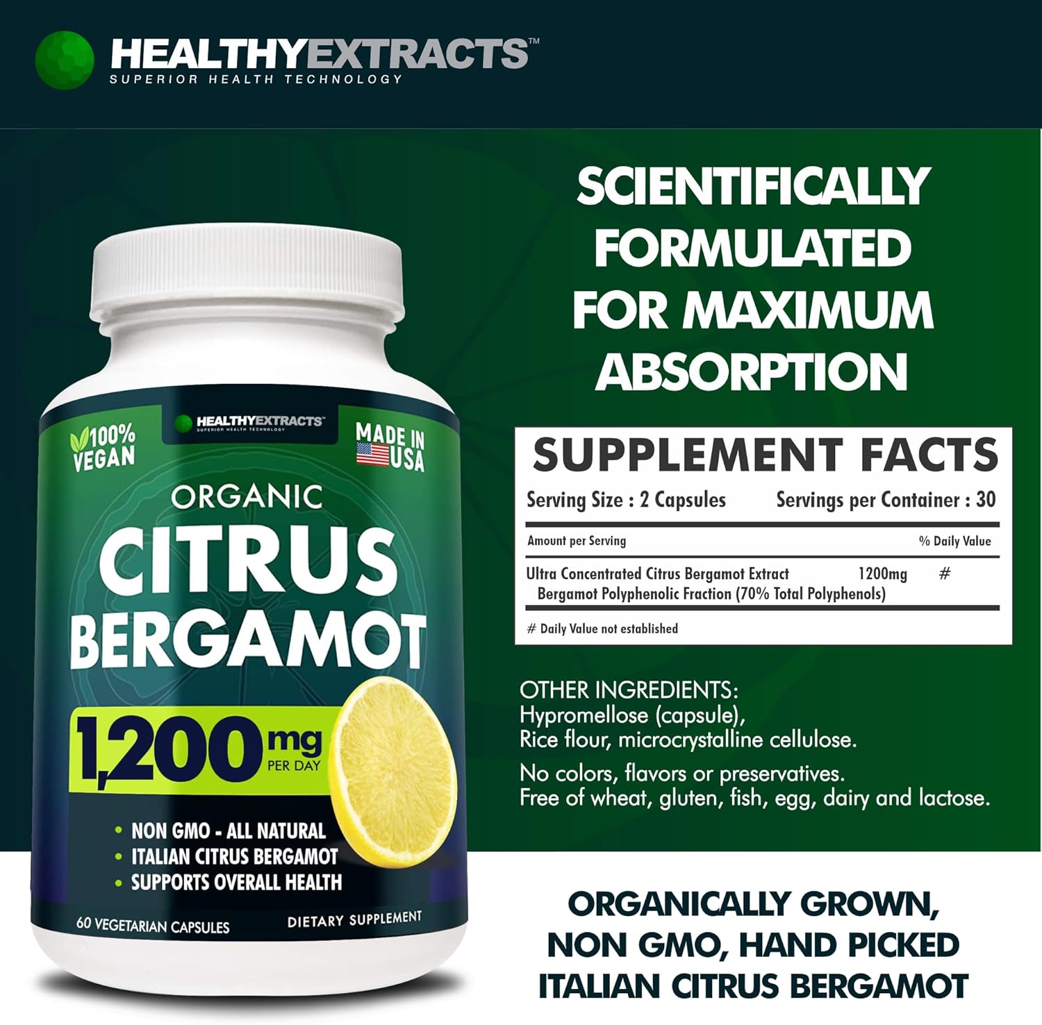 Citrus Bergamot Supplement 1200mg - High Polyphenols, 1 Month Supply, Made in USA