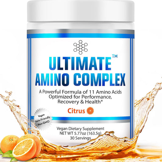 Citrus Flavored Amino Complex Supplement - 30 Servings of 4g - All Essential Amino Acids - Ideal for Energy & Muscle Recovery - Women & Men